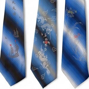 Silk Vintage Asian Neckties, Blue Dragon, Grass, and Boat